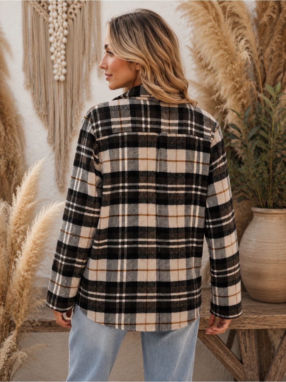 Boho Neutral Plaid Oversized Shacket Jacket Button Front Cozy Layering Piece - Picture 5 of 7